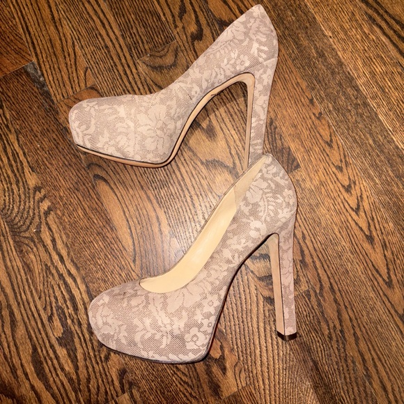 Brian Atwood Savita Taupe Suede Glitter Floral Platform Pumps Heels Size 9 - Picture 5 of 10